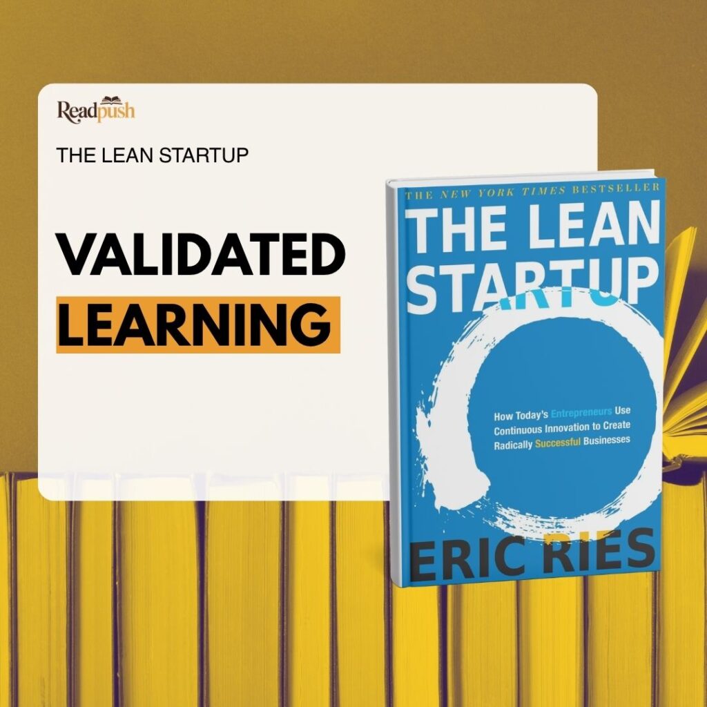 The cover of the book "The Lean Startup" by Eric Ries is shown next to a board with the words "Validated Learning" and "The Lean Startup."