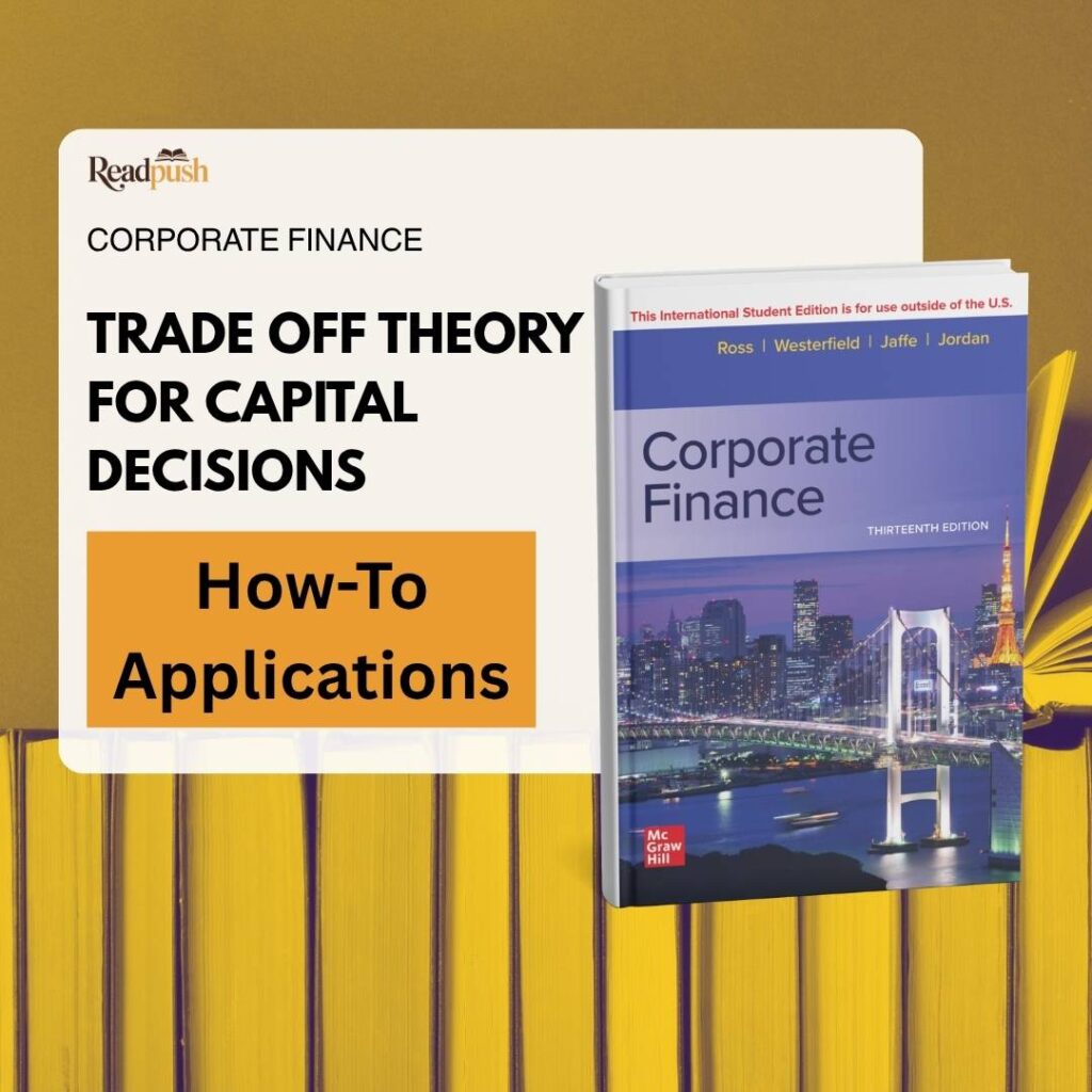 Trade-off theory diagram illustrating capital decision-making factors and their impacts on financial outcomes.