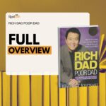 Article cover featuring the book Rich Dad Poor Dad by Robert Kiyosaki with the headline “Full Overview,” showing the book cover against a background of stacked yellow books, representing a complete summary of personal finance and wealth-building concepts.