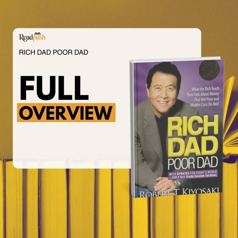 Article cover featuring the book Rich Dad Poor Dad by Robert Kiyosaki with the headline “Full Overview,” showing the book cover against a background of stacked yellow books, representing a complete summary of personal finance and wealth-building concepts.