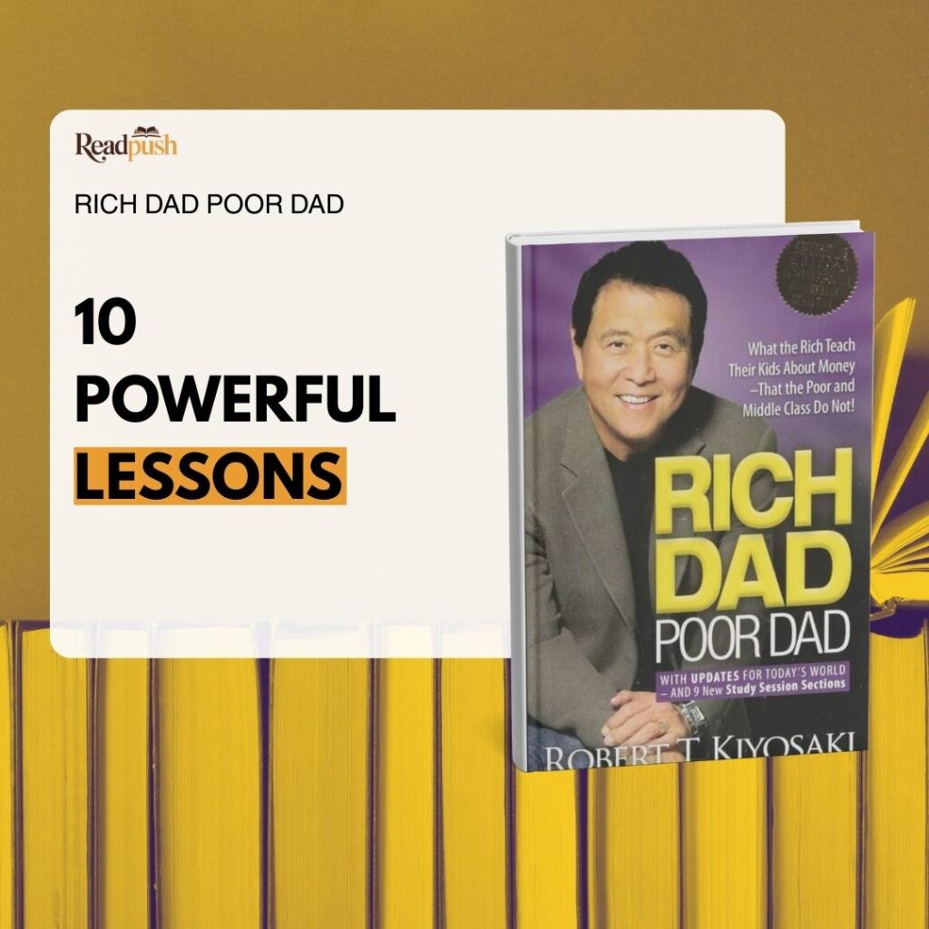 Promotional graphic for Rich Dad Poor Dad showing the book cover on the right and the text ‘10 Powerful Lessons’ on the left, with a golden background and stacked books at the bottom.