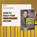 Graphic showing the book Rich Dad Poor Dad by Robert T. Kiyosaki alongside the headline “How to Build Your First Passive Income,” illustrating financial education and asset-building concepts.