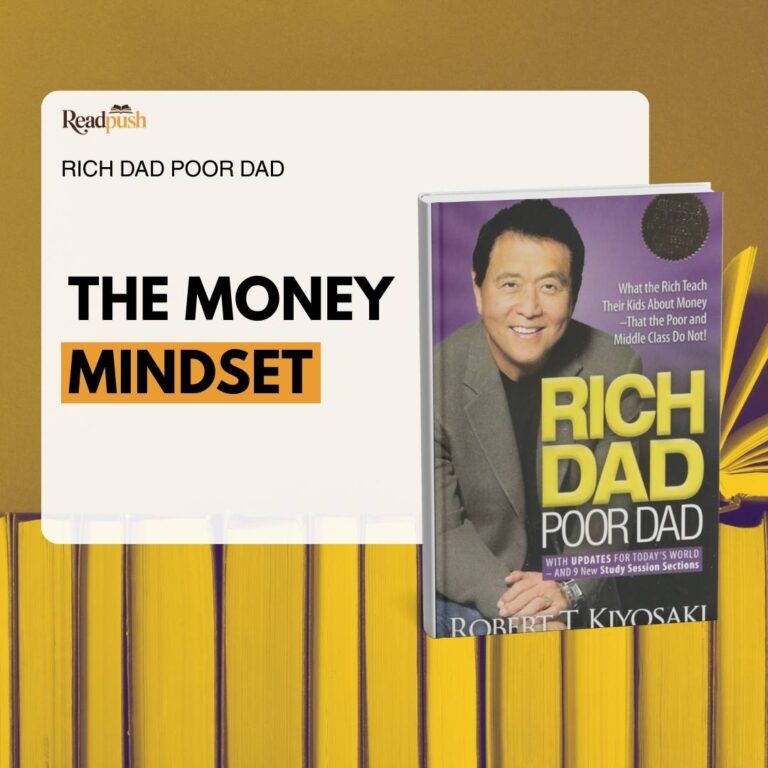 Featured image showing the book Rich Dad Poor Dad by Robert Kiyosaki with the headline “The Money Mindset,” placed over a background of stacked yellow books, representing a deep focus on financial mindset, wealth thinking, and money education.