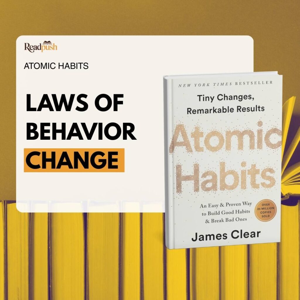Book cover of "Atomic Habits" by James Clear, showcasing a simple design with a white backdrop and striking black lettering.